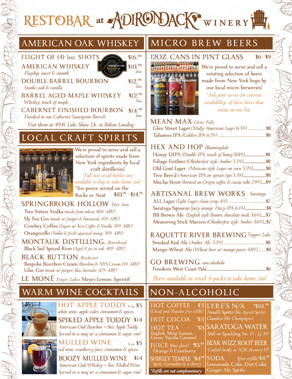 Adirondack Winery Cocktails Beers Spirits American Oak Whiskey Flight