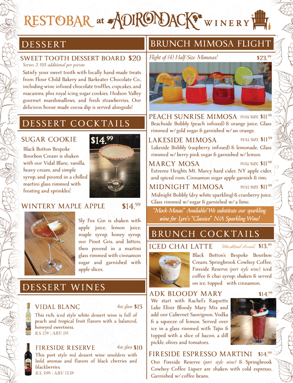 Adirondack Winery Queensbury Dessert Brunch Cocktail menu