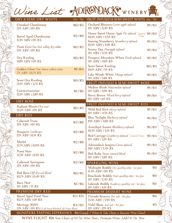 Adirondack Winery Wine List