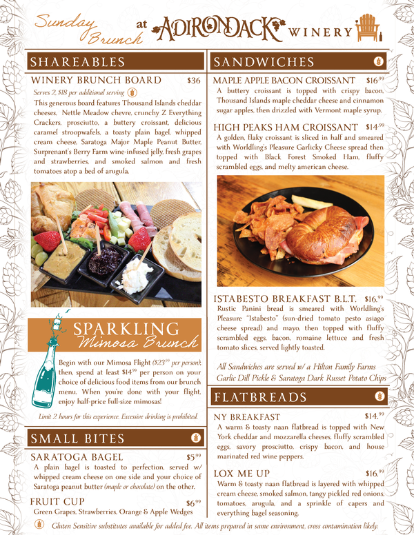 Adirondack Winery Queensbury Brunch Food Menu