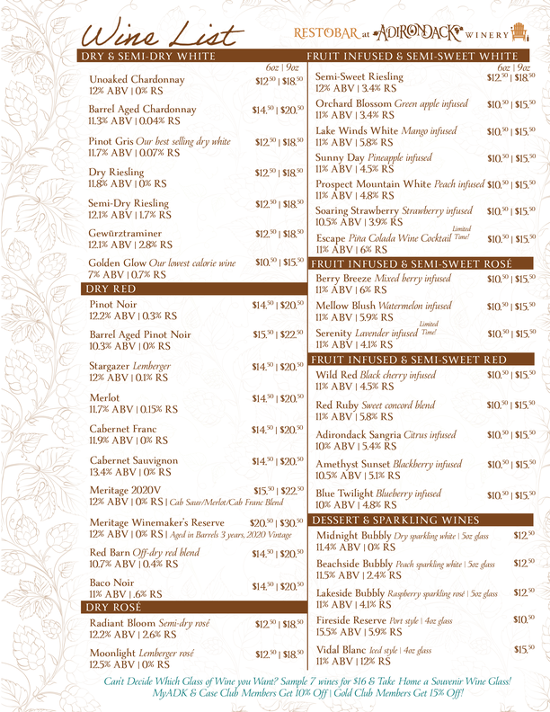 Adirondack Winery Wine List