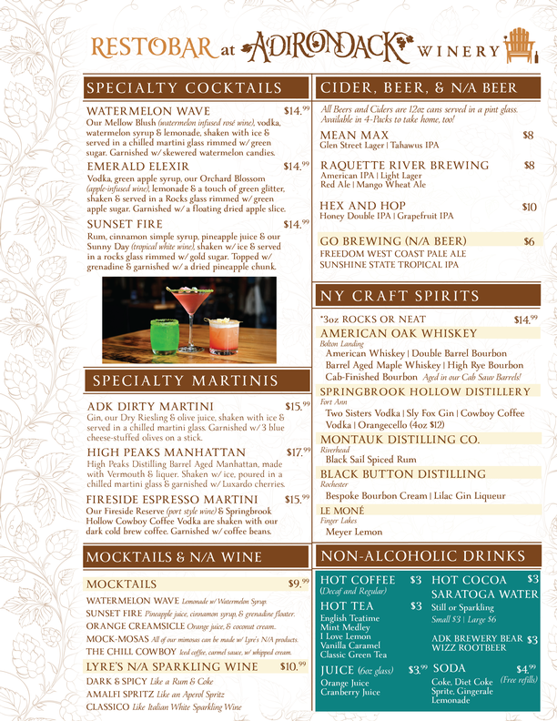 Adirondack Winery Specialty Cocktails Beers Ciders Menu