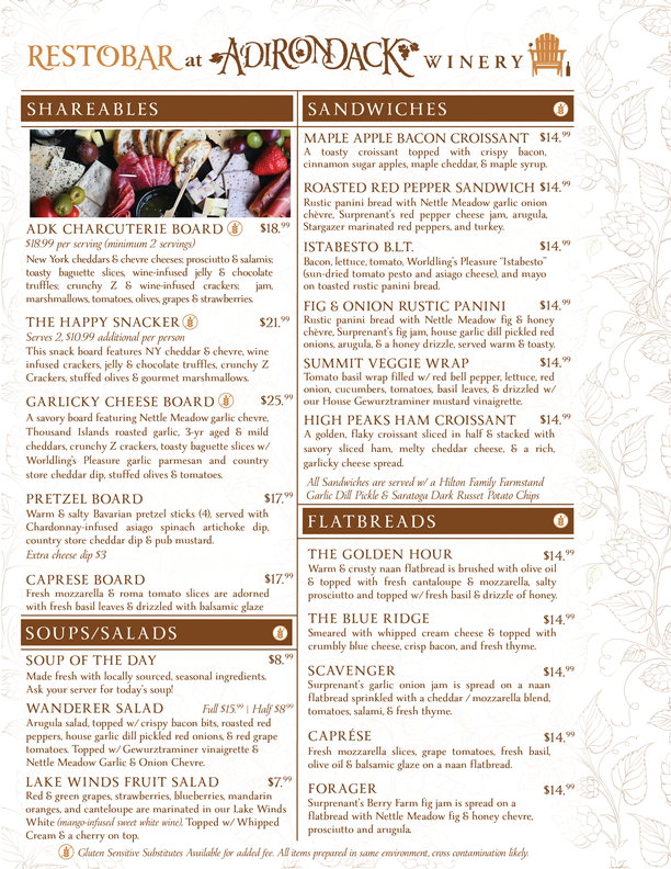 Adirondack winery Food Menu