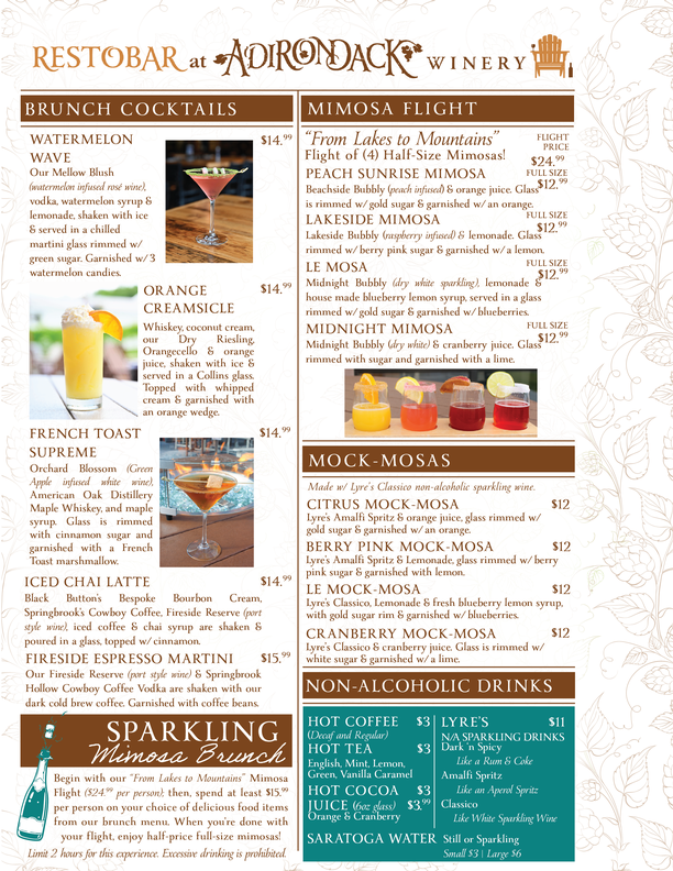 Adirondack Winery Queensbury Brunch Cocktails Menu