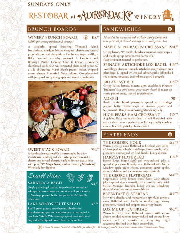 Adirondack Winery Queensbury Brunch Food Menu