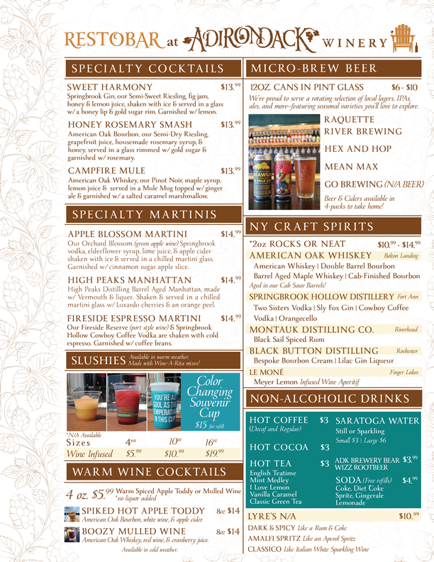Adirondack Winery Specialty Cocktails Beers Ciders Menu