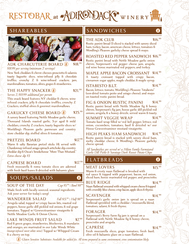 Adirondack winery Food Menu