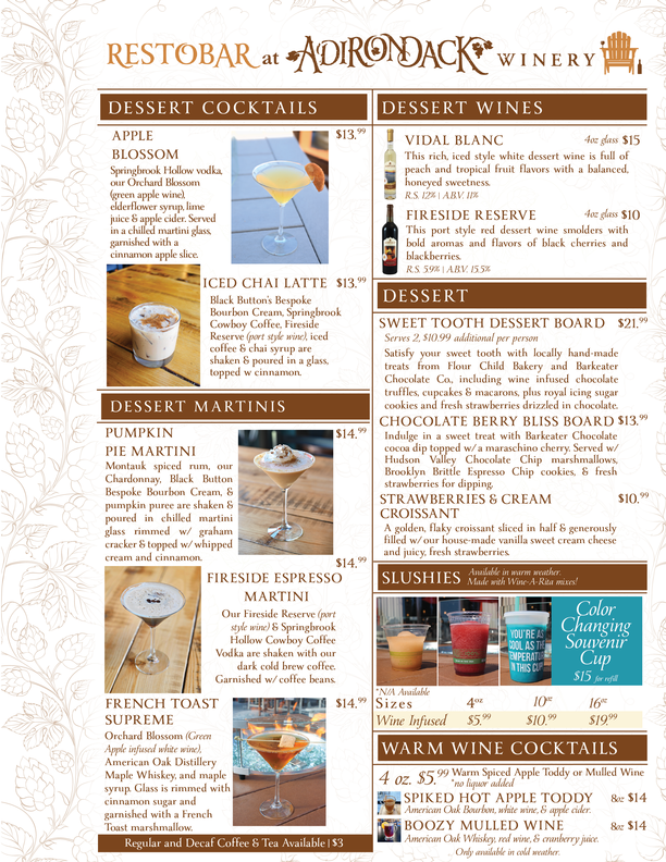 Adirondack Winery Queensbury Dessert menu