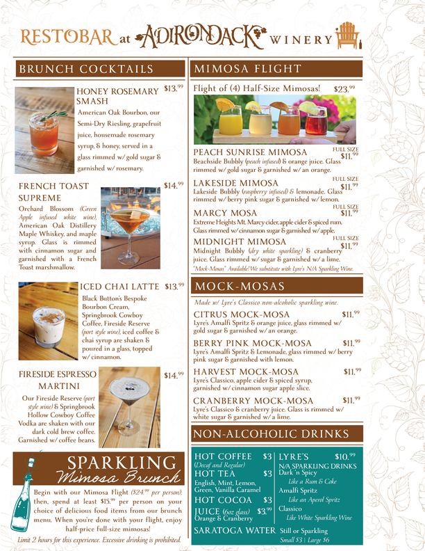 Adirondack Winery Queensbury Brunch Cocktails Menu