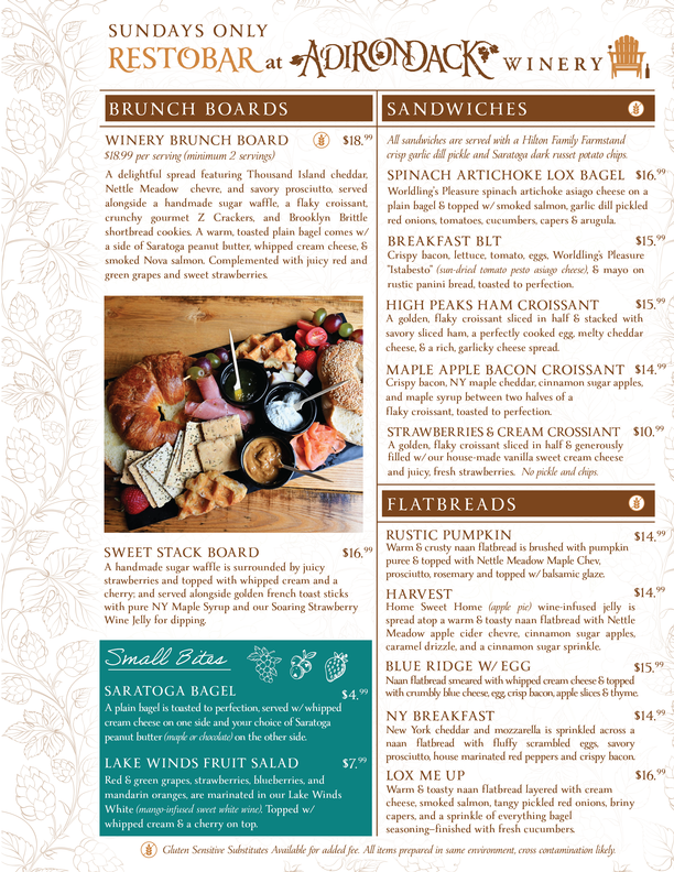 Adirondack Winery Queensbury Brunch Food Menu