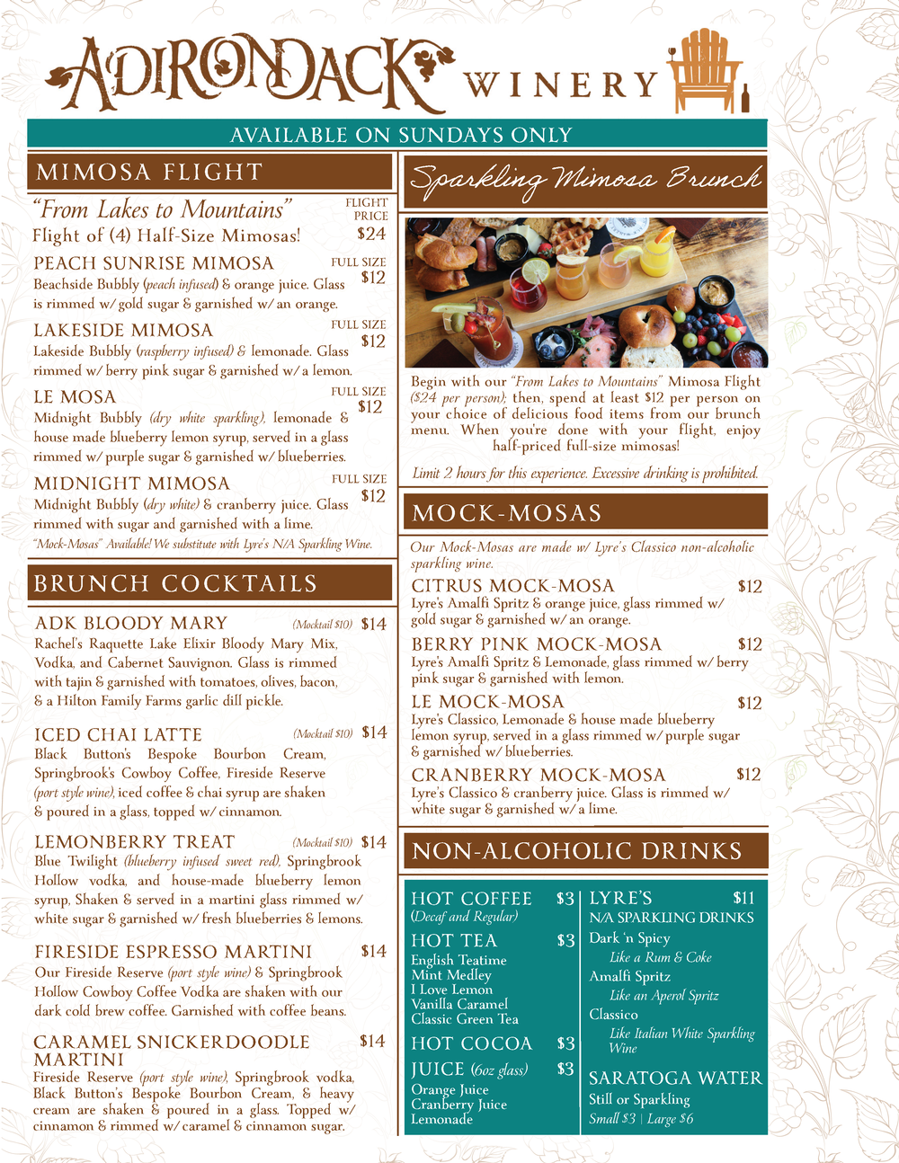Adirondack Winery Queensbury Brunch Cocktails Menu