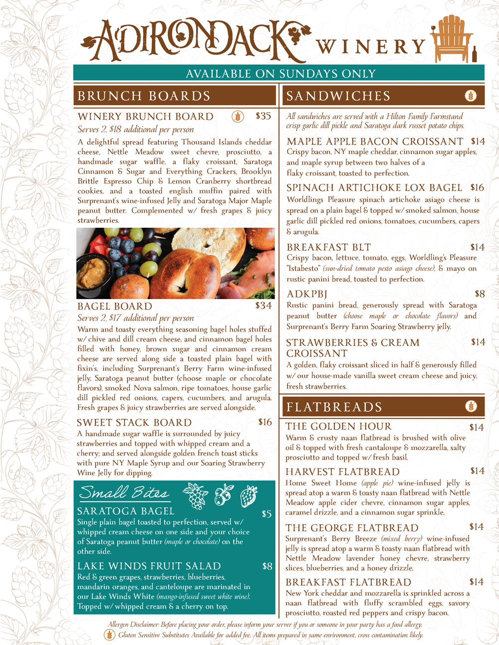 Adirondack Winery Queensbury Brunch Food Menu