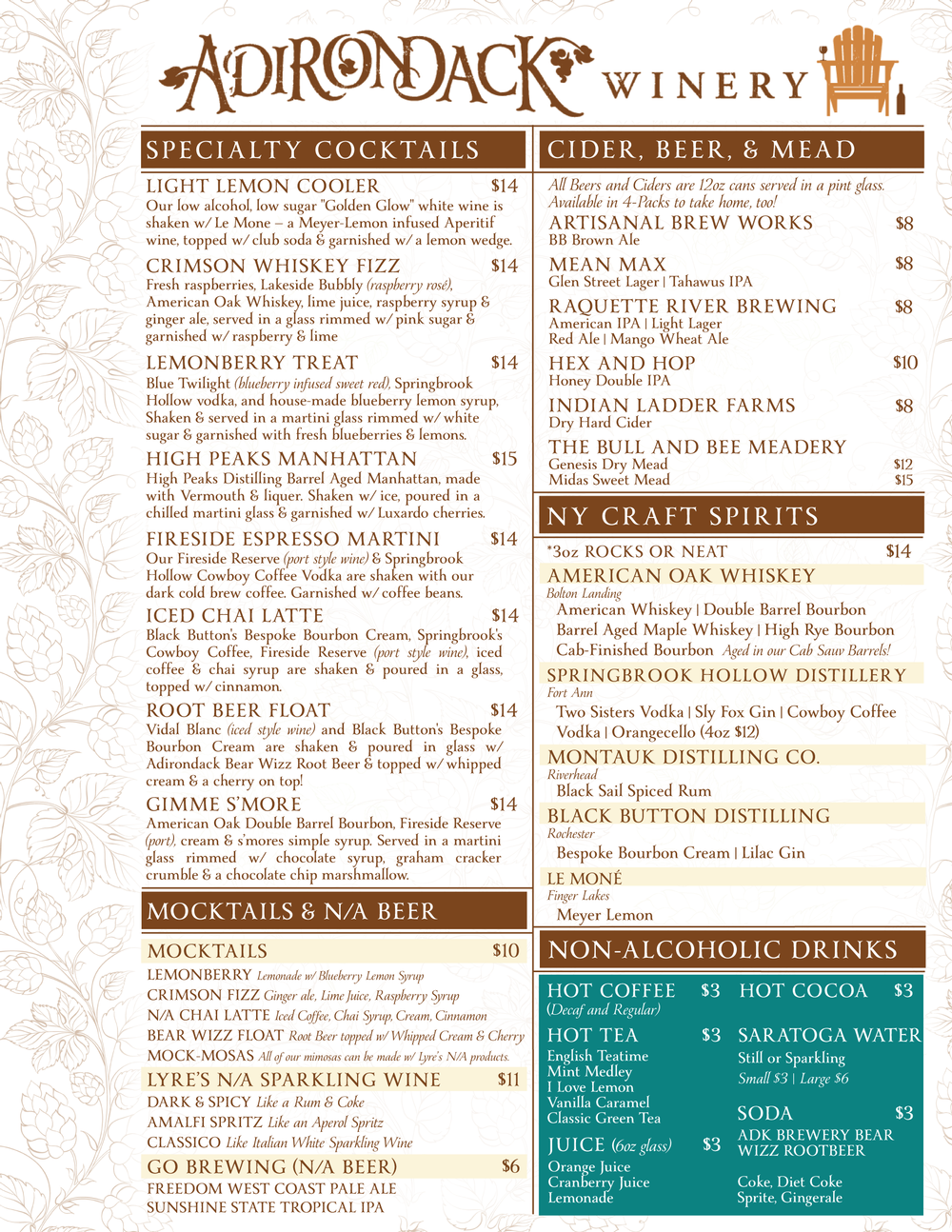 Adirondack Winery Specialty Cocktails Beers Ciders Menu
