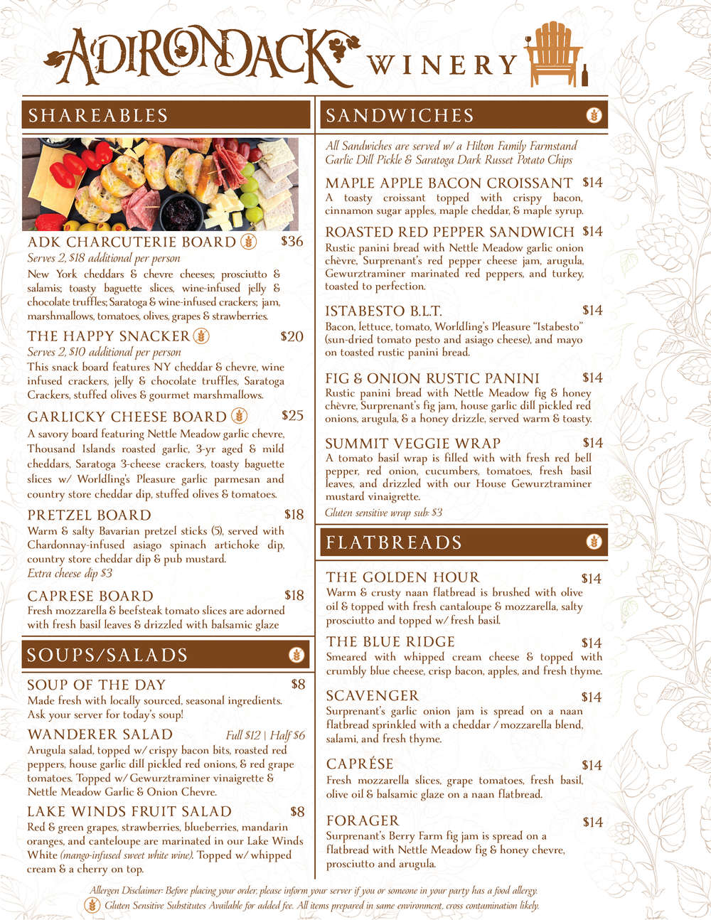Adirondack winery Food Menu