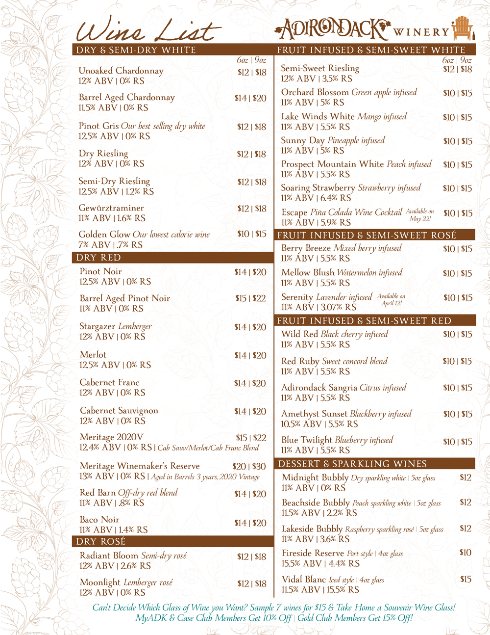 Adirondack Winery Queensbury Wine by the glass Menu