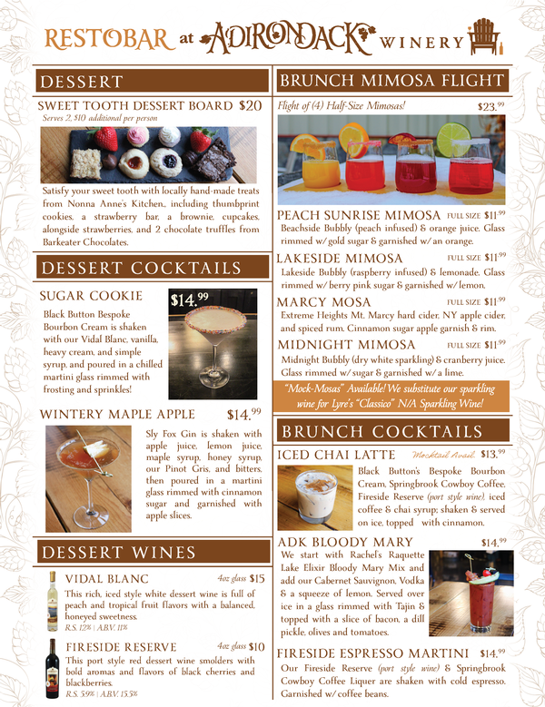 Adirondack Winery Queensbury Dessert Brunch Cocktail menu