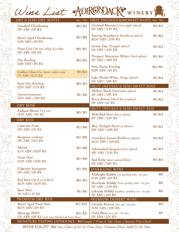 Adirondack Winery Wine List