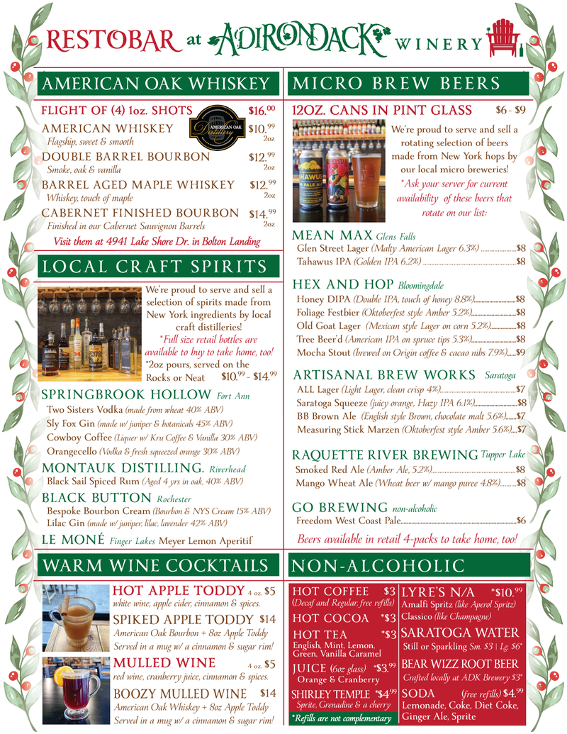 Adirondack Winery Cocktails Beers Spirits American Oak Whiskey Flight