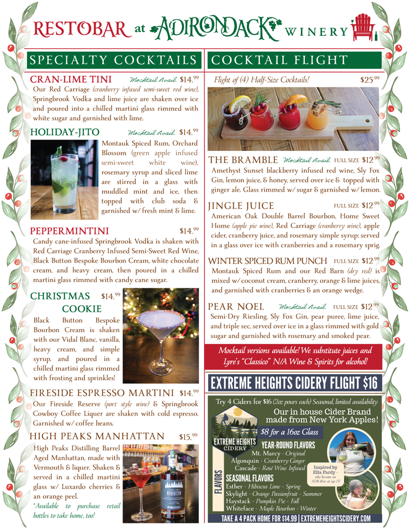 Adirondack Winery Specialty Cocktails and Extreme Heights hard cider
