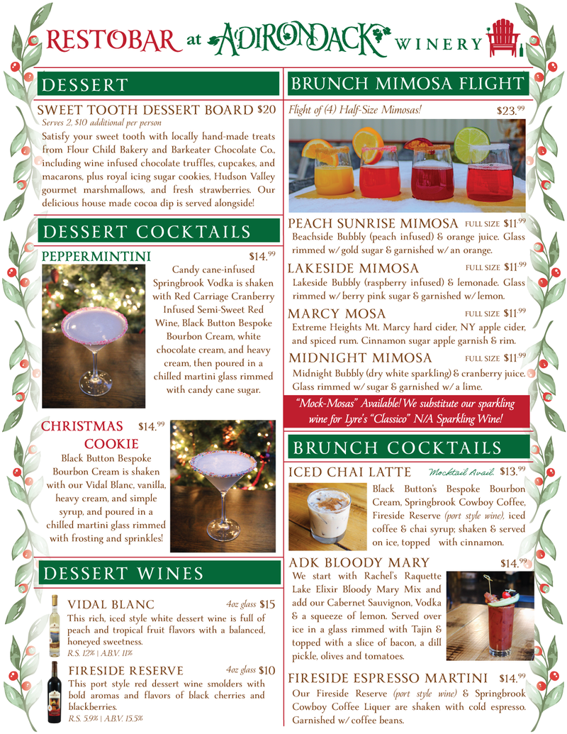 Adirondack Winery Queensbury Dessert Brunch Cocktail menu