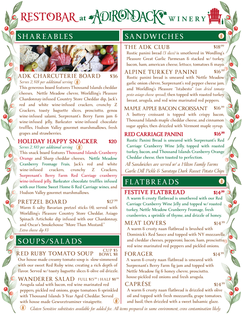Adirondack winery Food Menu