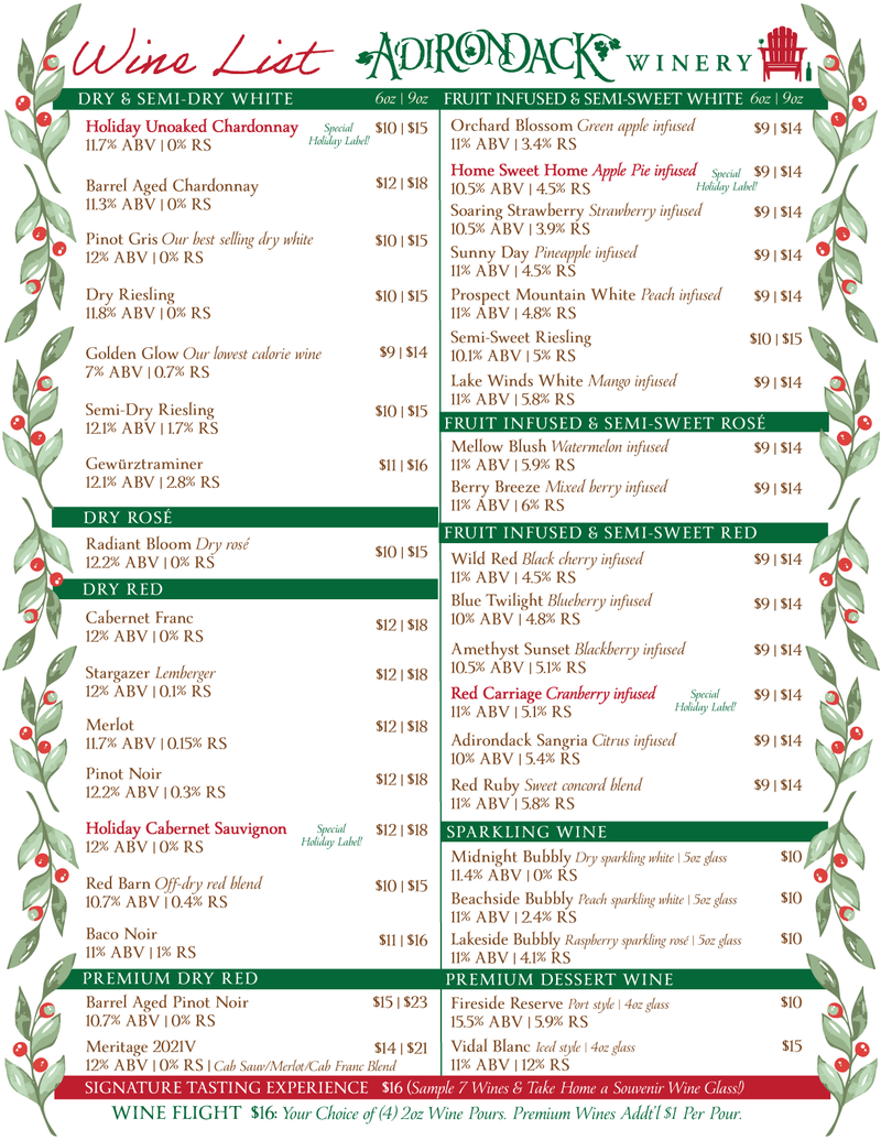 Adirondack Winery Wine List