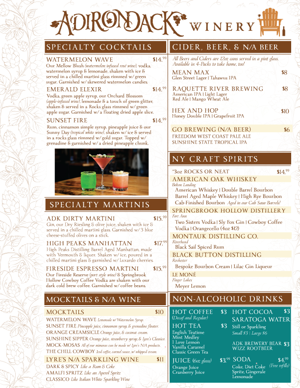 Adirondack Winery Specialty Cocktails Beers Ciders Menu