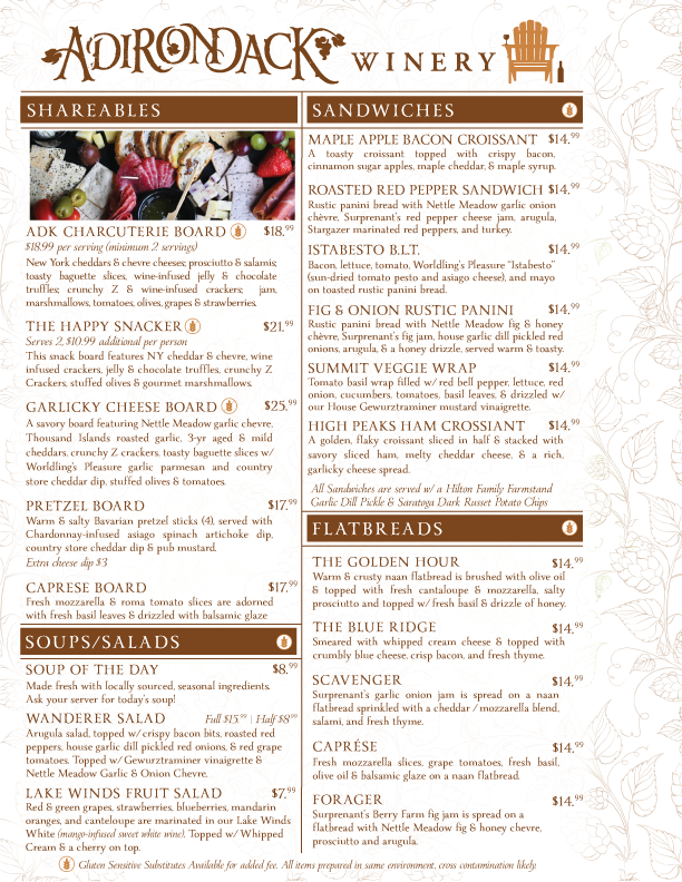 Adirondack winery Food Menu