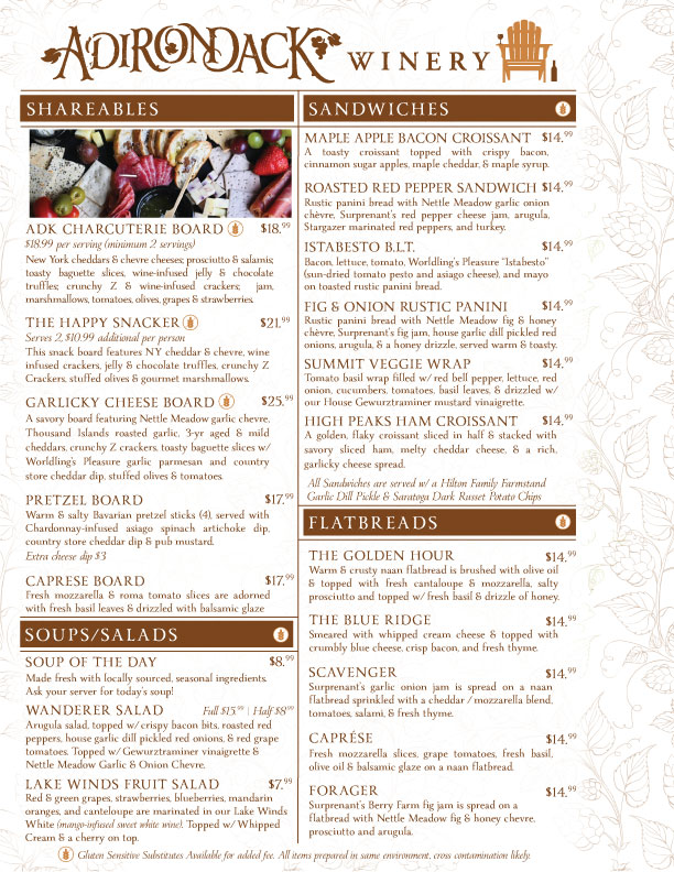 Adirondack winery Food Menu