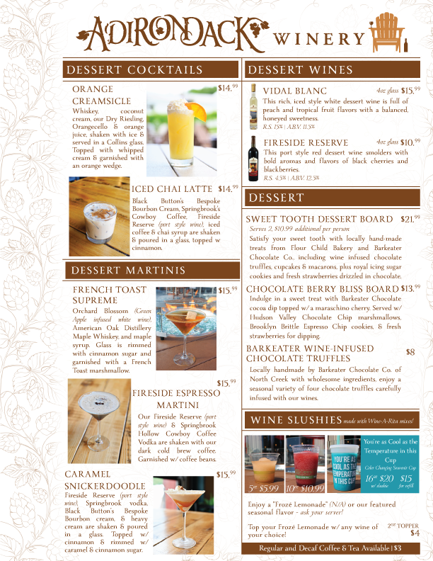 Adirondack Winery Queensbury Dessert menu