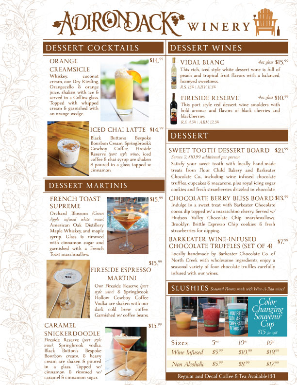 Adirondack Winery Queensbury Dessert menu