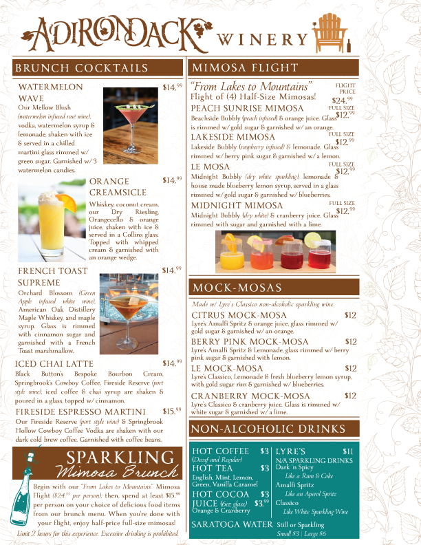 Adirondack Winery Queensbury Brunch Cocktails Menu
