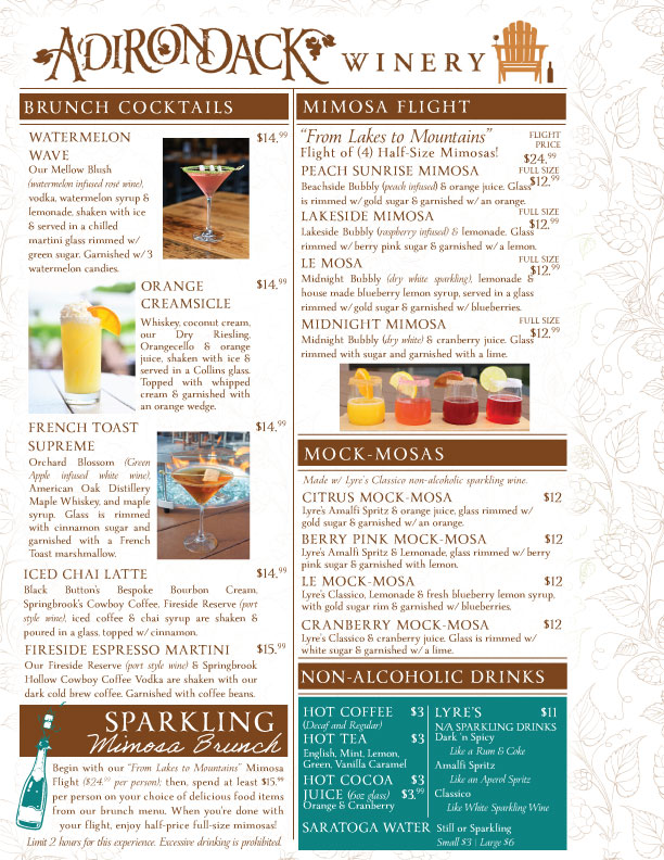 Adirondack Winery Queensbury Brunch Cocktails Menu