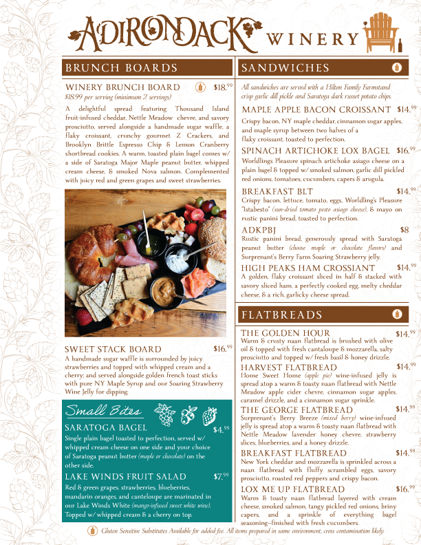 Adirondack Winery Queensbury Brunch Food Menu
