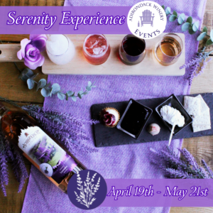 Flight board with lavendar infused drinks paired with small food board for a lavender infused pairing with Adirondack Winery's Serenity a lavender infused wine
