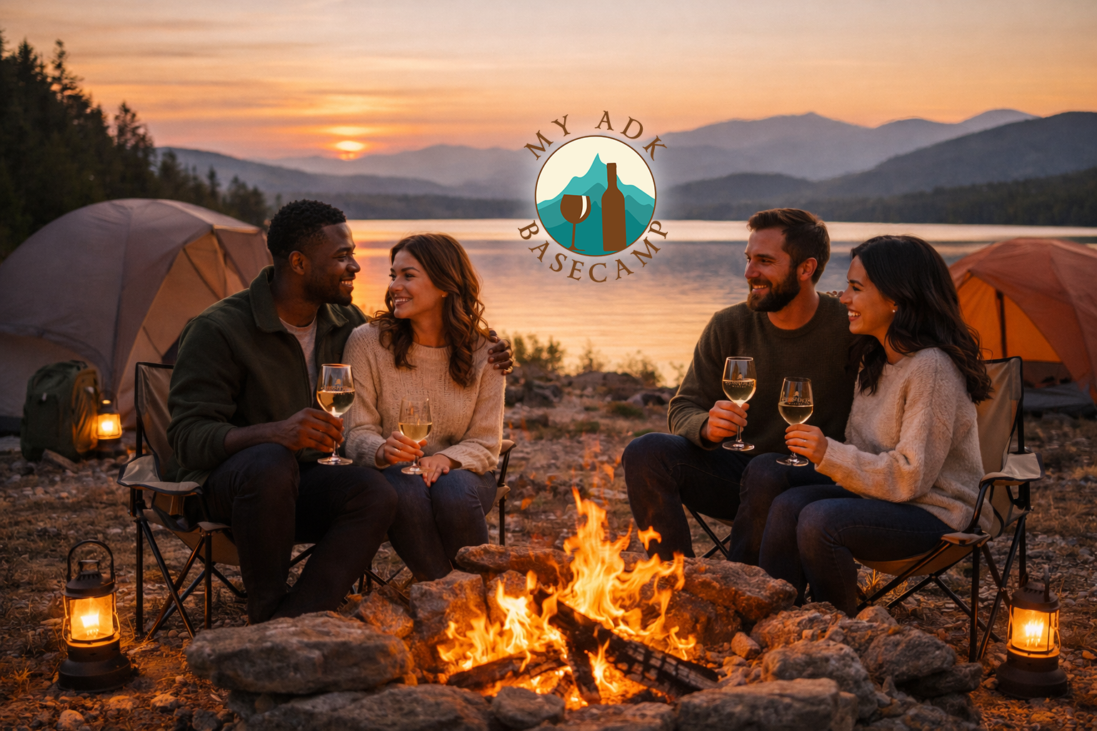 two-young-couples-around-the-fire-basecamp-and-lake-with-mountains-and-basecamp-logo