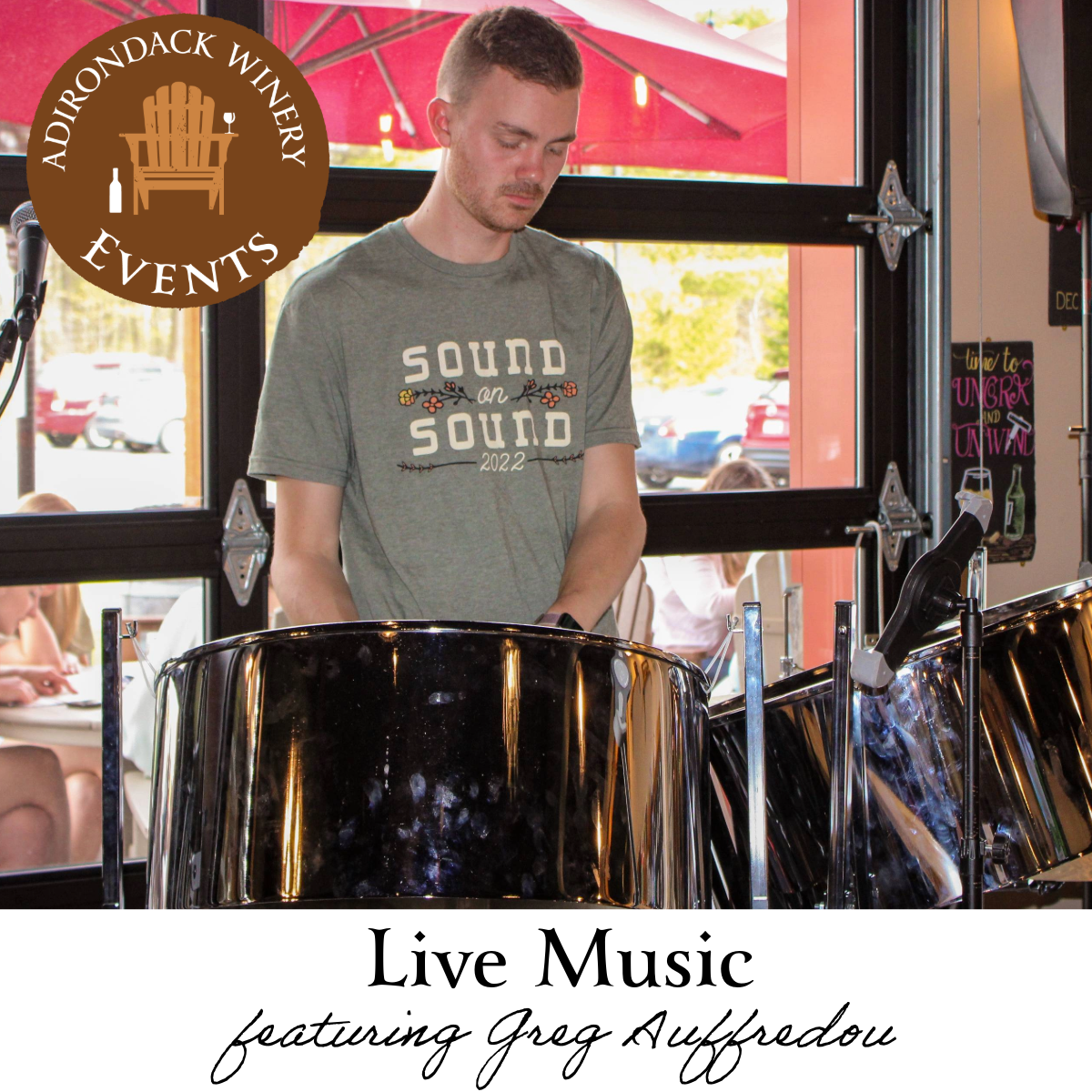 Greg Auffredou playing steel dums at Adirondack Winery